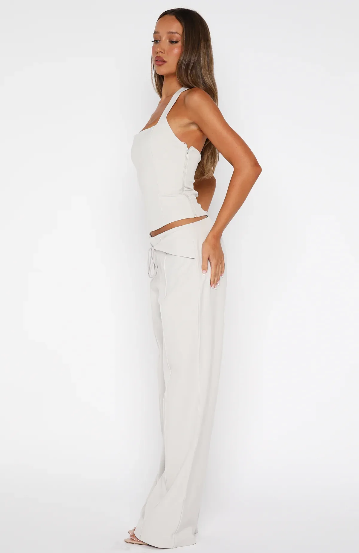 Ivory Tie-Waist Tailored Wide-Leg Pants