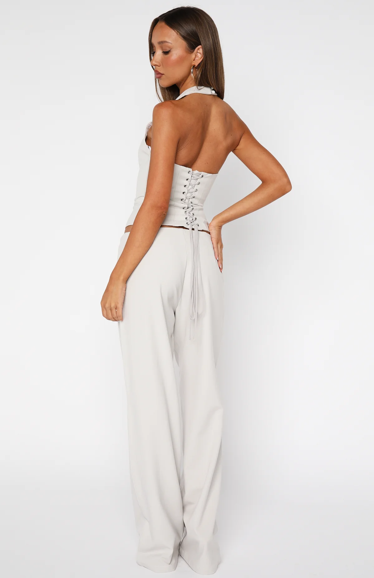 Ivory Tie-Waist Tailored Wide-Leg Pants