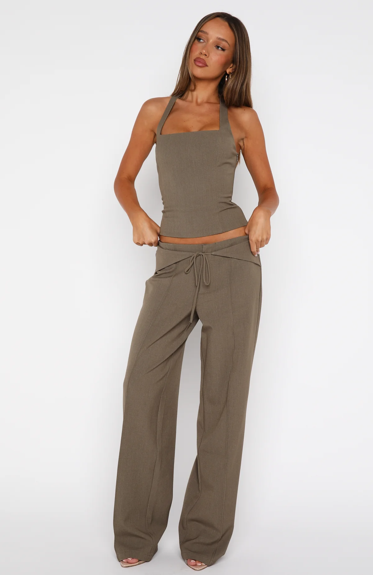 Taupe Tie-Waist Tailored Wide-Leg Pants