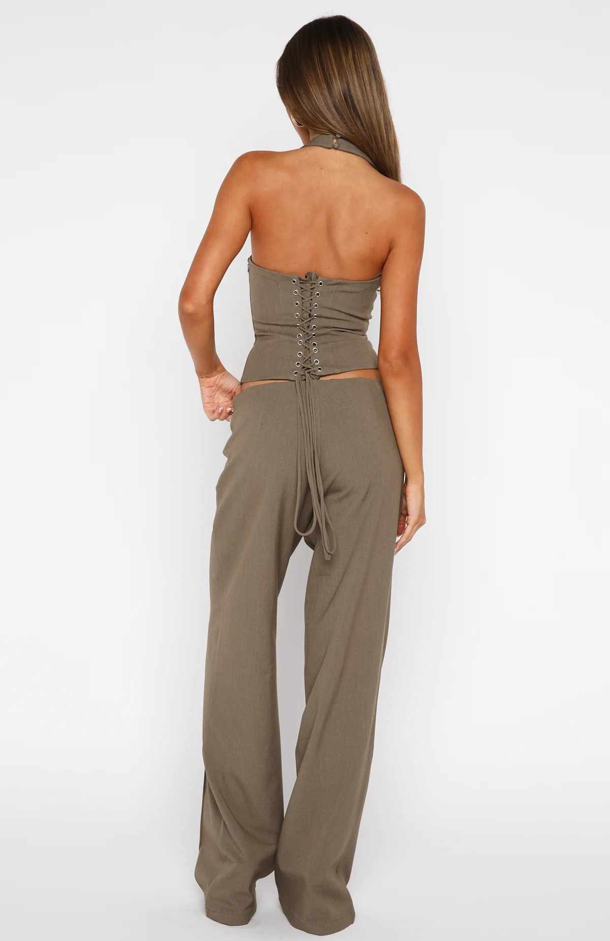 Taupe Tie-Waist Tailored Wide-Leg Pants