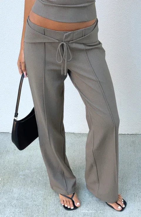 Taupe Tie-Waist Tailored Wide-Leg Pants