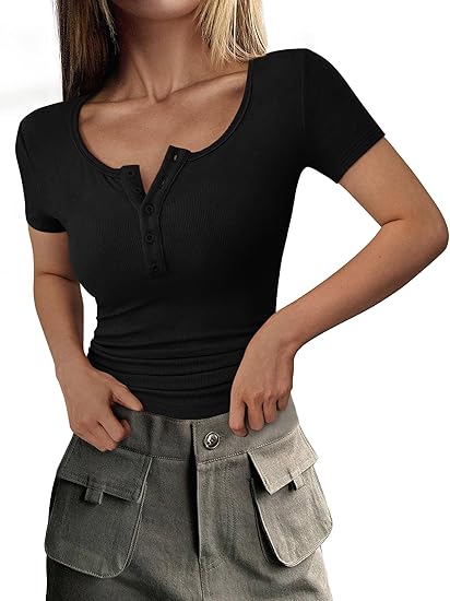 Magliette a maniche corte autunnali ed estive, a costine, con bottoni, vestibilità slim, casual, basiche, t-shirt