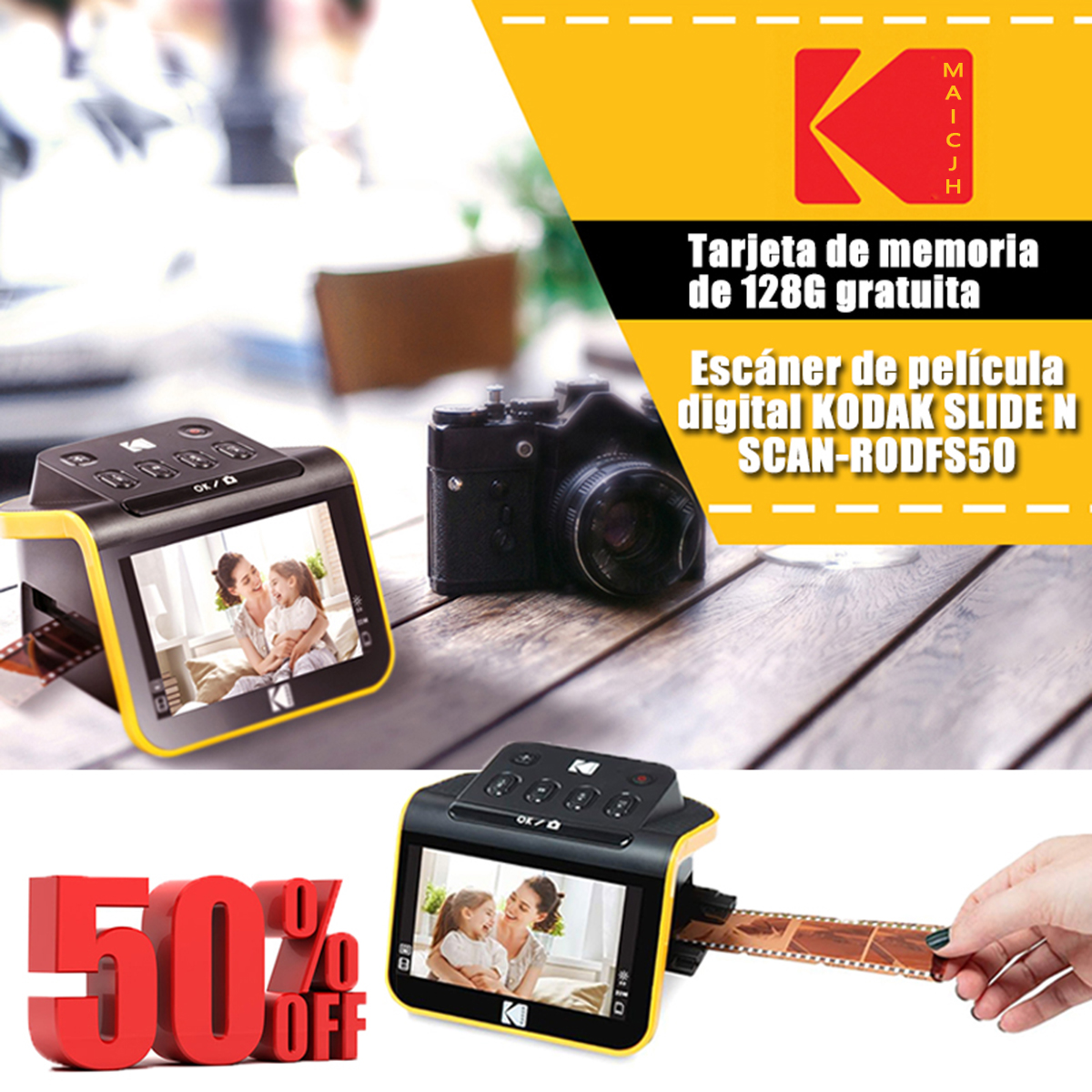 Escáner de película, diapositivas y película digital que convierte negativos y diapositivas en color y en blanco y negro de 35 mm, 126 mm y 110 mm en fotografías digitales JPEG de alta resolución de 22 megapíxeles.