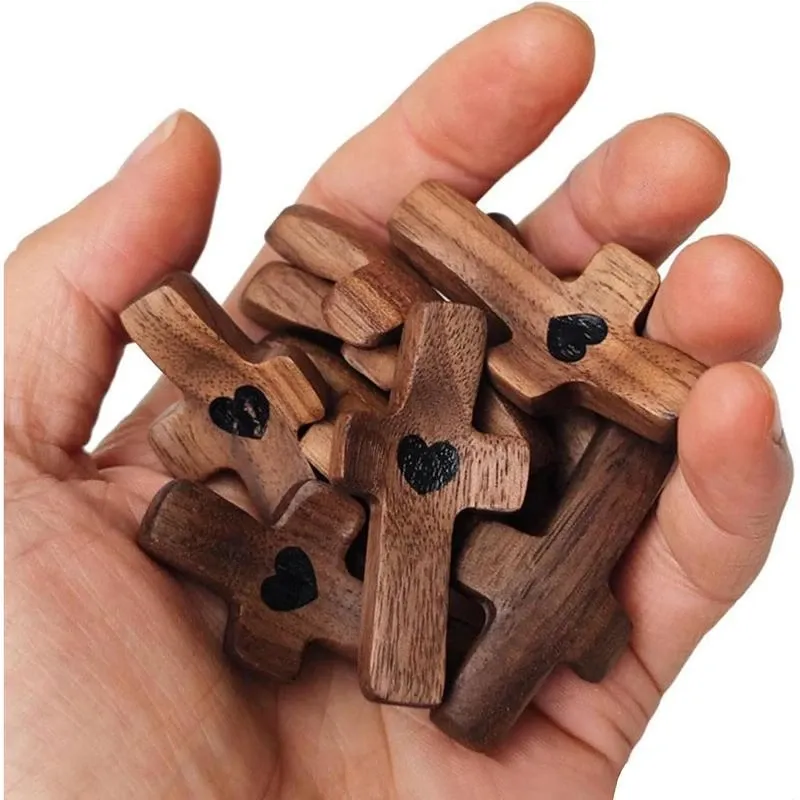 Cross My Heart Wooden,Small Wooden Crosses for Pocket Prayers, Encouragement Gift, Fingertip Stress Relief Gifts Christmas Gift Decor Religious