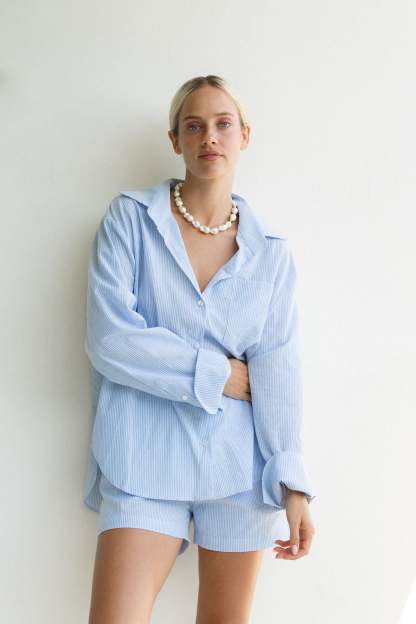 Ocan Blue Cotton Striped Shorts Set