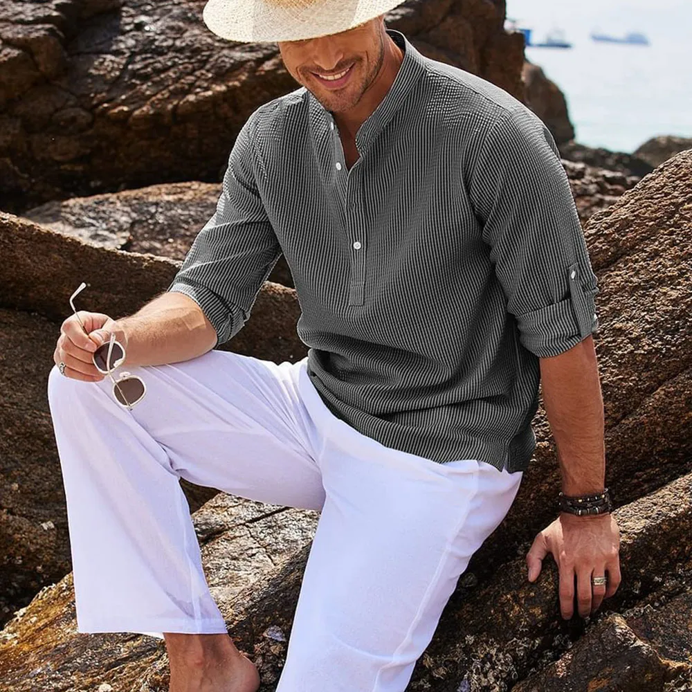 Lässiges Leinenhemd für Herren mit Stehkragen