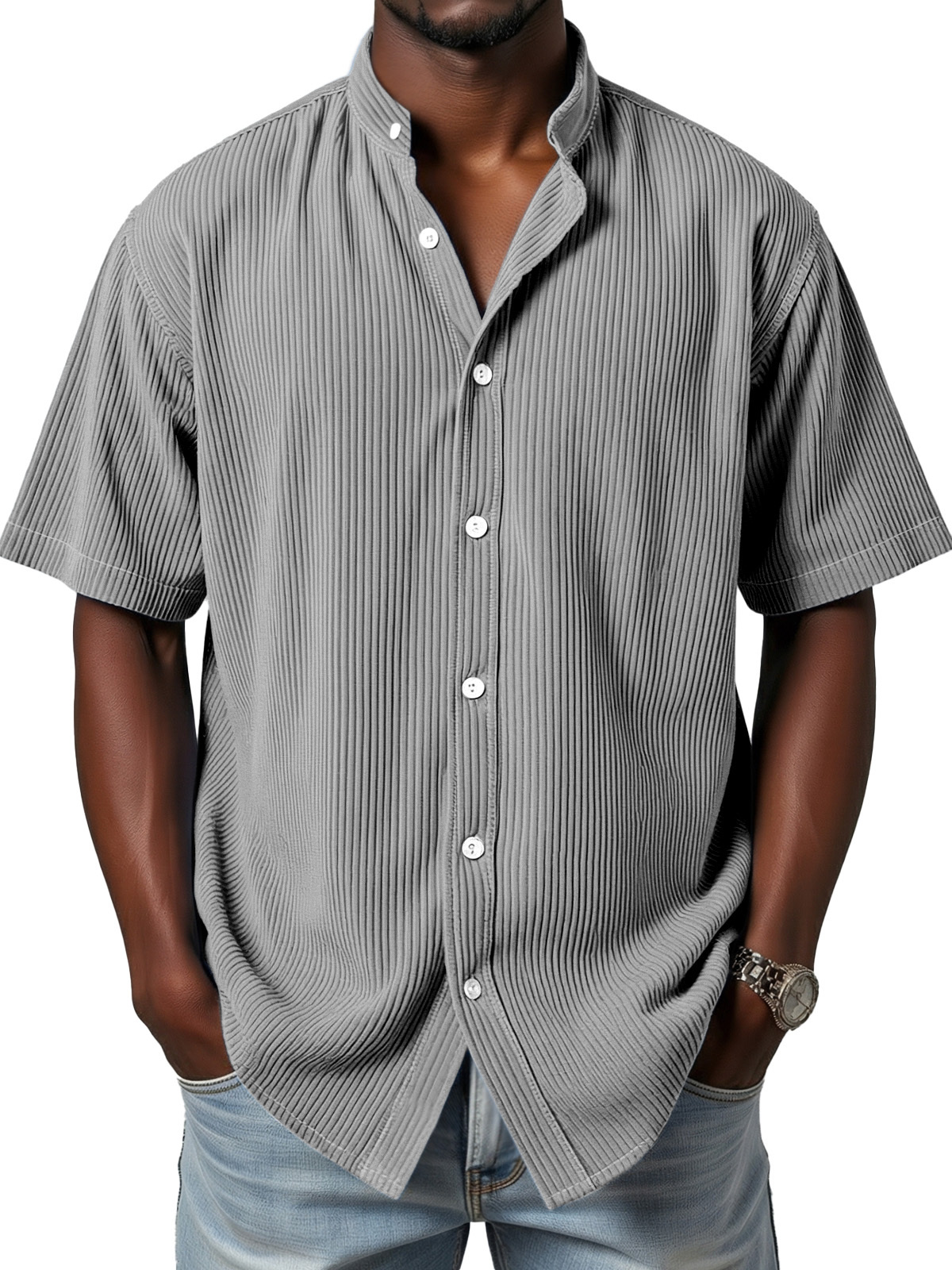 Herren Tägliches Einfaches Vertikales Streifen Stehkragen Knopf Kurzarmhemd