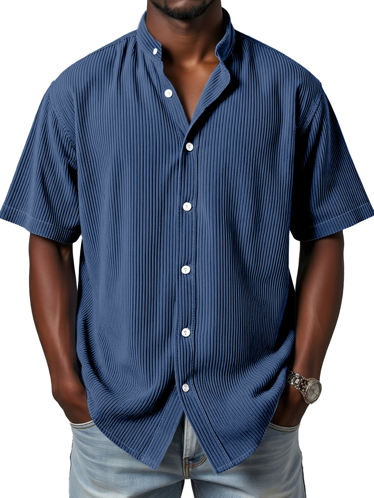 Herren Tägliches Einfaches Vertikales Streifen Stehkragen Knopf Kurzarmhemd
