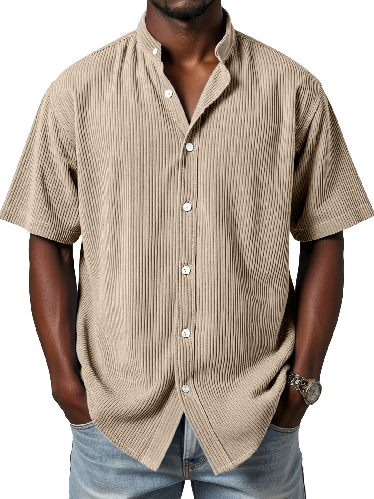 Herren Tägliches Einfaches Vertikales Streifen Stehkragen Knopf Kurzarmhemd