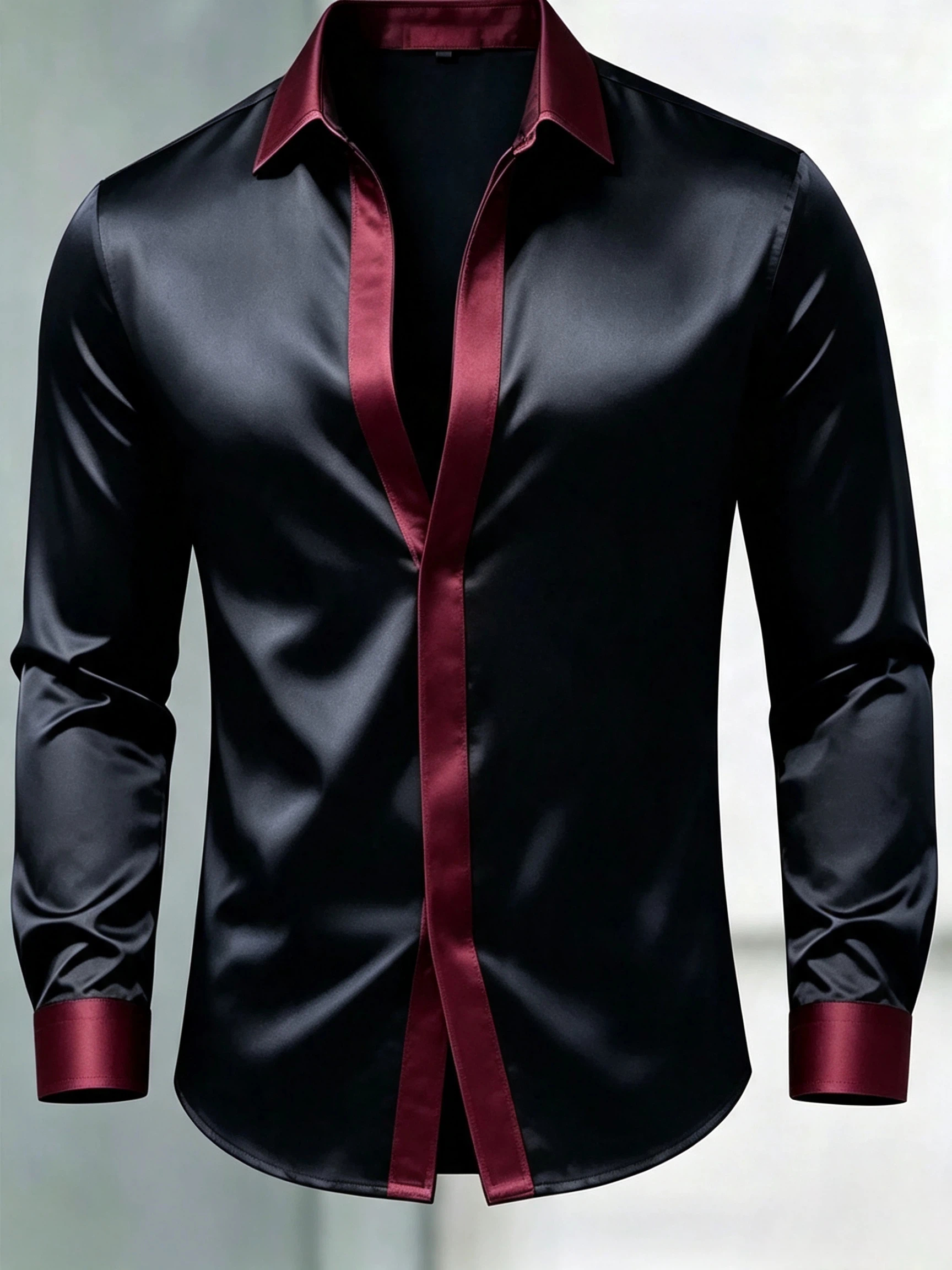 Men's Black Satin Slim Fit Long Sleeve Dress Shirt