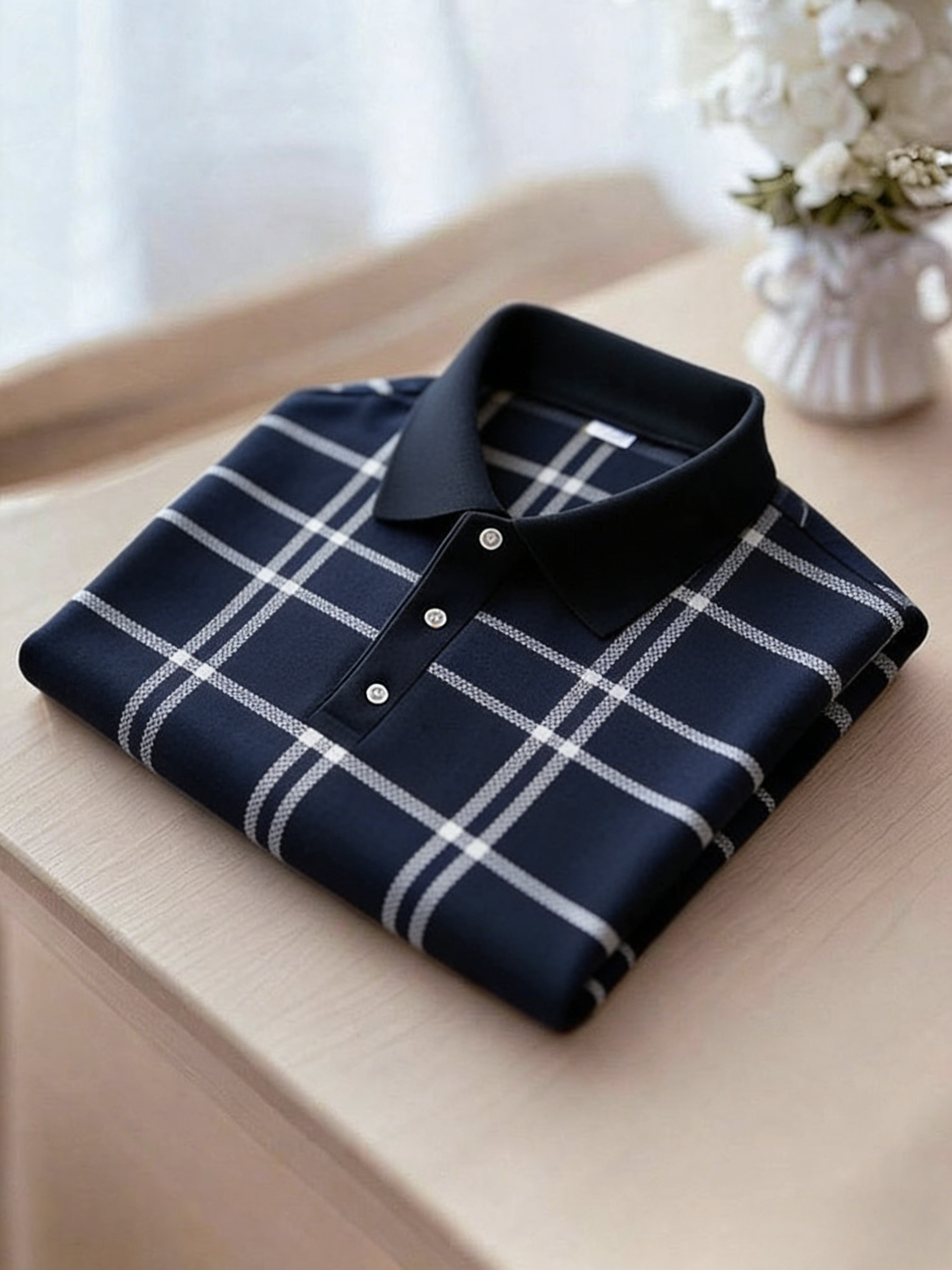 Men's Business Casual Black and Yellow Plaid Logo Button Short Sleeve Polo Shirt