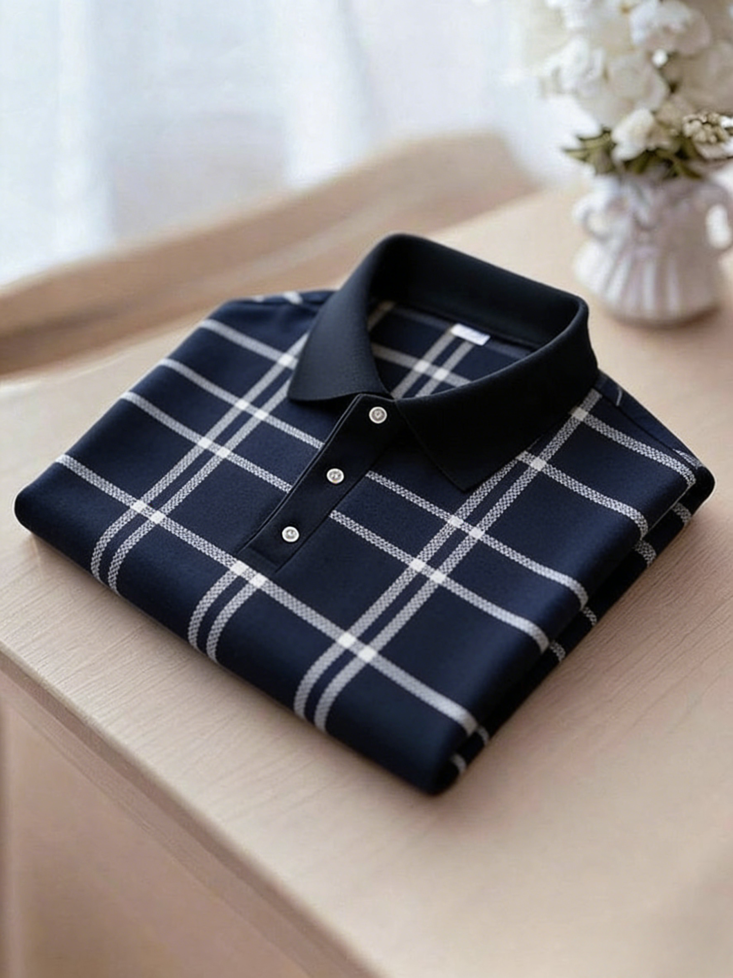 Men's Business Casual Black and Yellow Plaid Logo Button Short Sleeve Polo Shirt