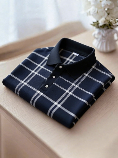 Men's Business Casual Black and Yellow Plaid Logo Button Short Sleeve Polo Shirt