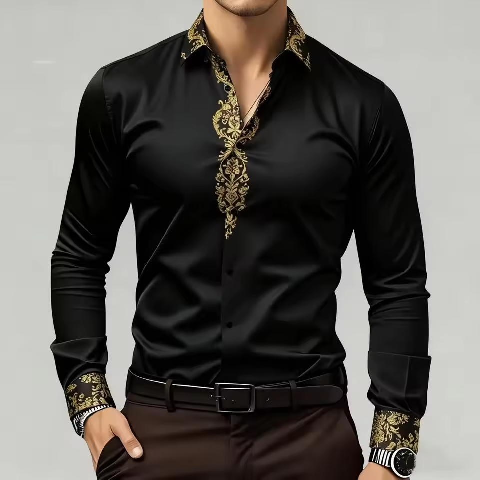 Men's Gold Pattern Satin Long Sleeve Shirt