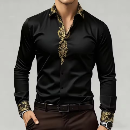Men's Gold Pattern Satin Long Sleeve Shirt