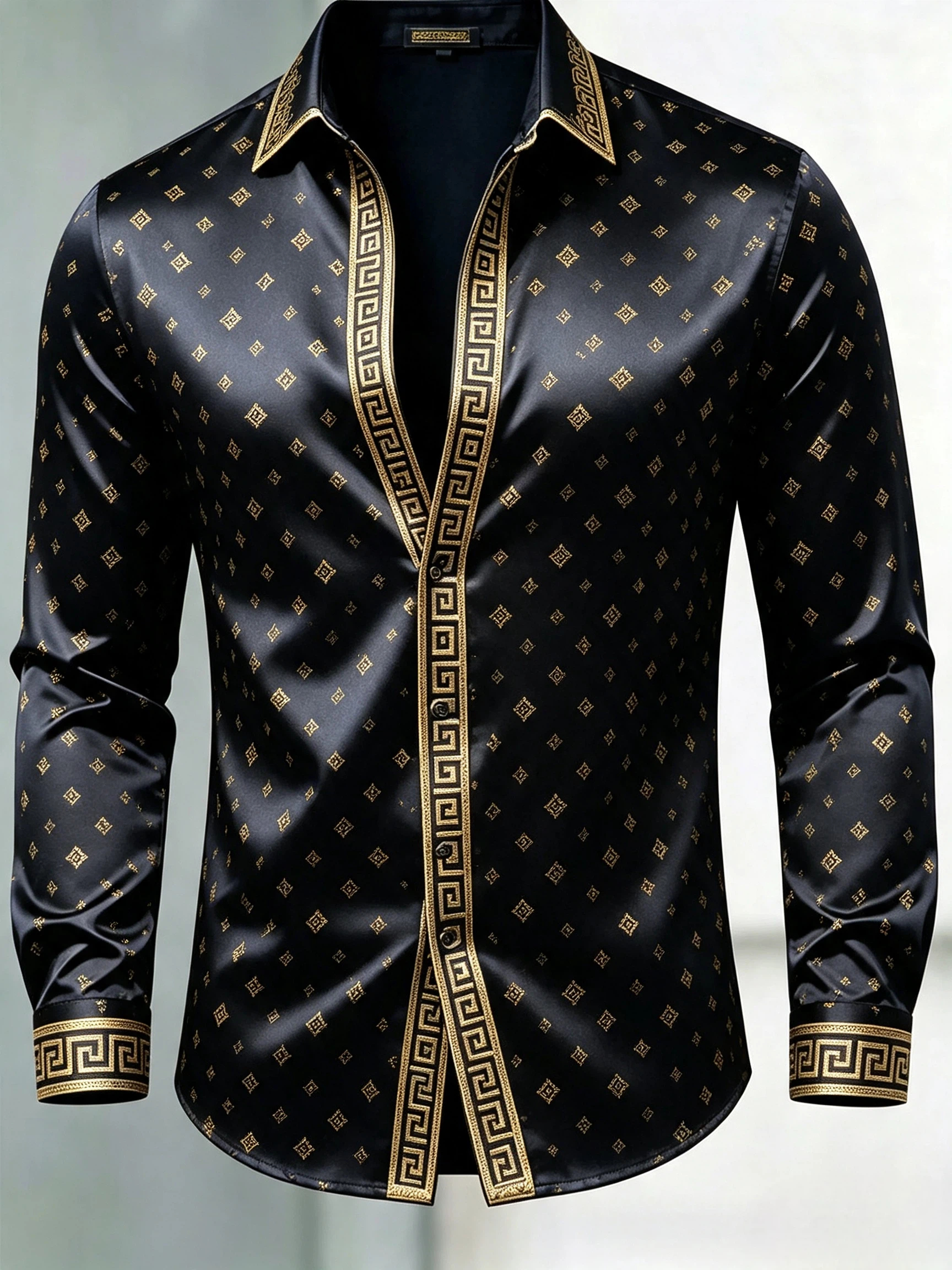 Men's Luxury Satin Geometric Print Slim Fit Long Sleeve Dress Shirt