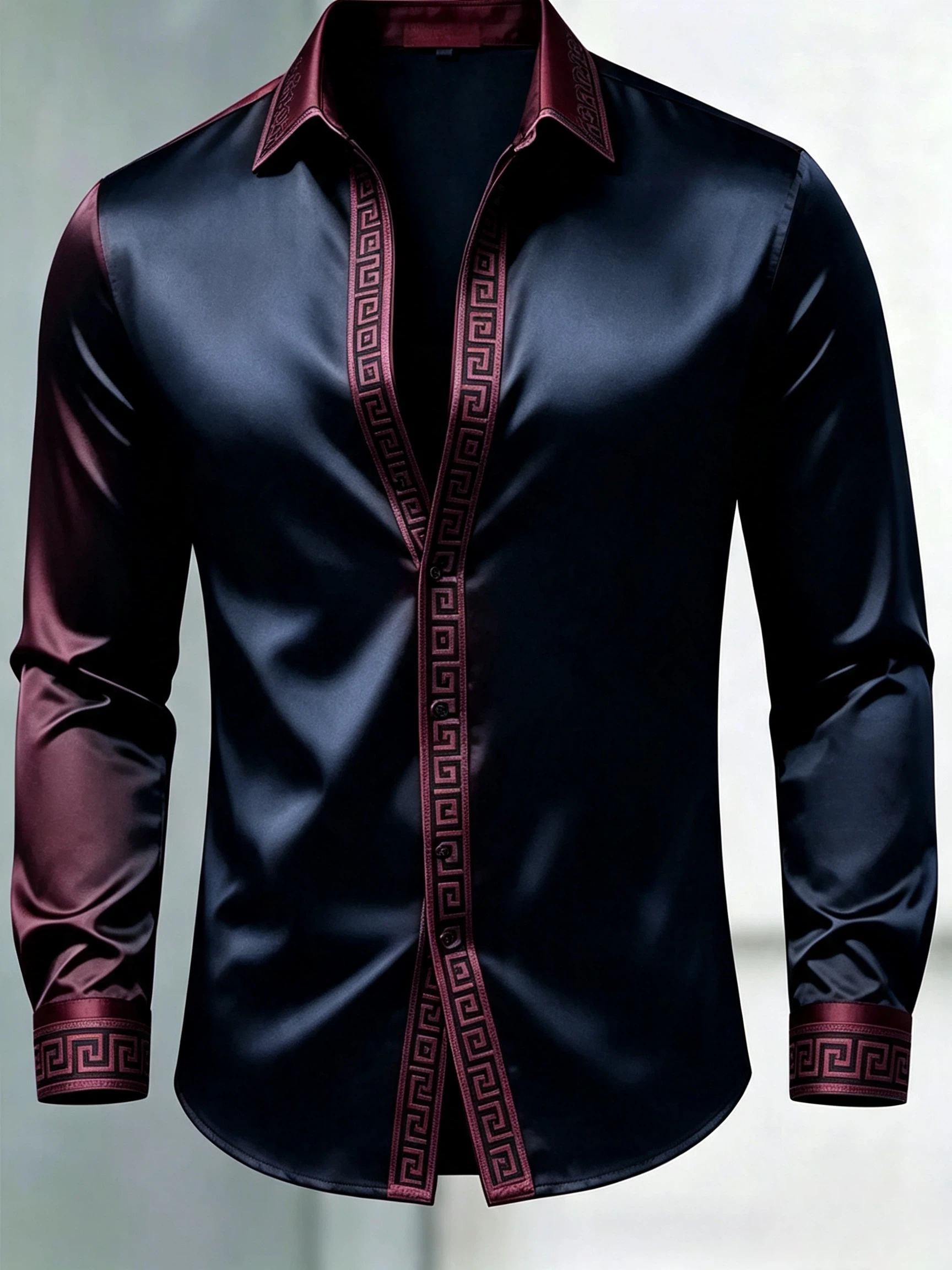 [Copy]Men's Luxury Satin Geometric Print Slim Fit Long Sleeve Dress Shirt