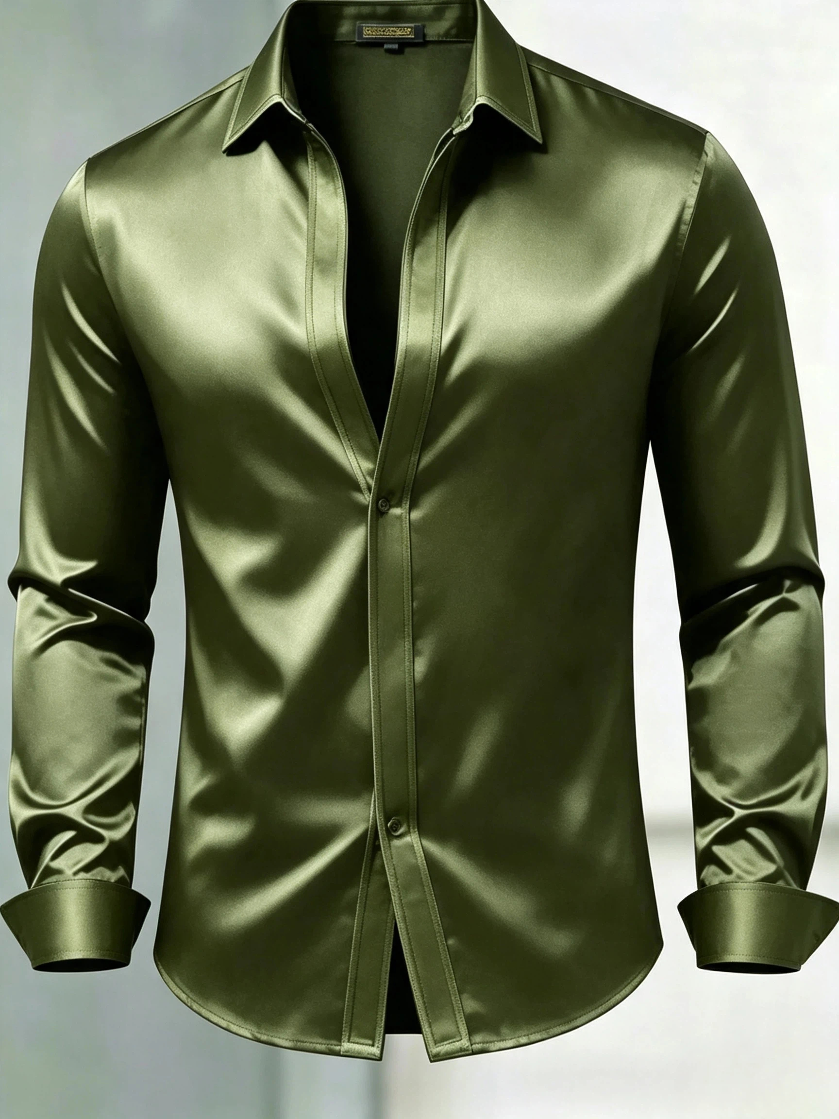 Men's Olive Green Satin Slim Fit Long Sleeve Dress Shirt