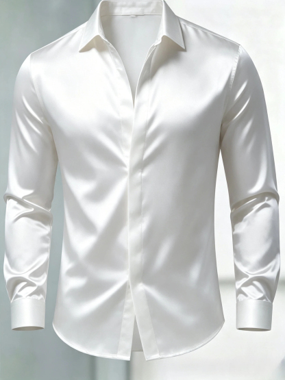 [Copy]Men's Burgundy Solid Satin Slim Fit Long Sleeve Dress Shirt
