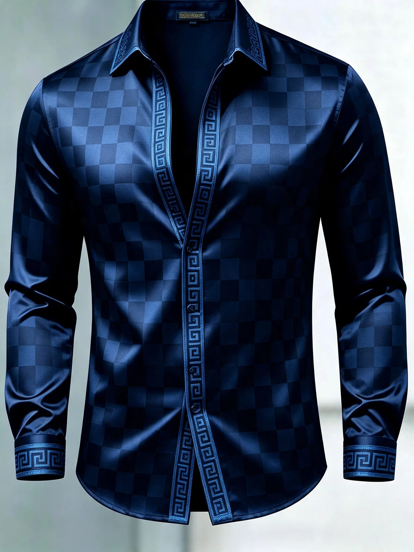 [Copy]Men's Navy Blue Wavy Jacquard Satin Slim Fit Long Sleeve Dress Shirt
