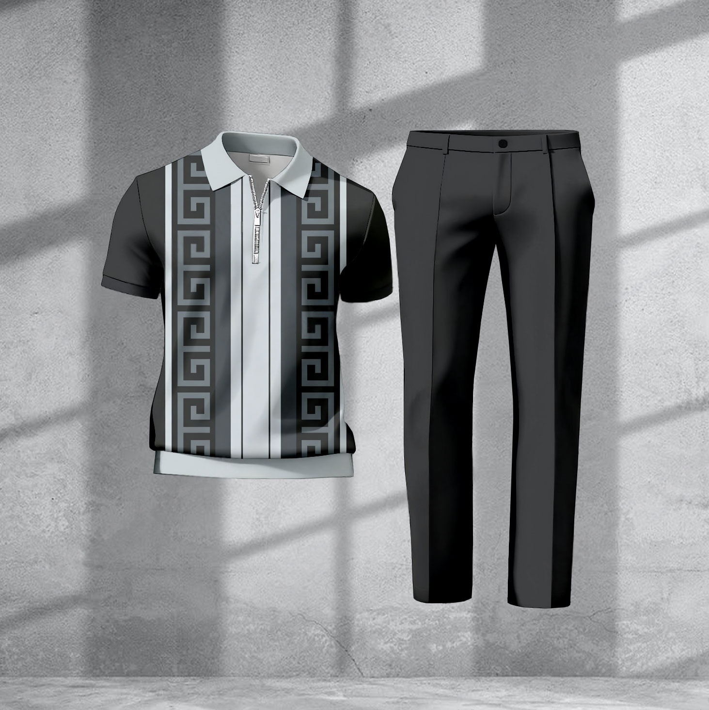 Men's Casual Black & Gray Stripe Printed Polo Short-Sleeve  Zip-Up Top  And Pants Two-Piece Set