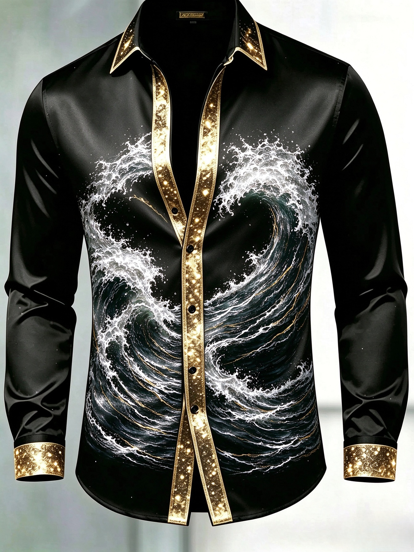 Men's Black Gold Glitter Trim Japanese Wave Dress Shirt