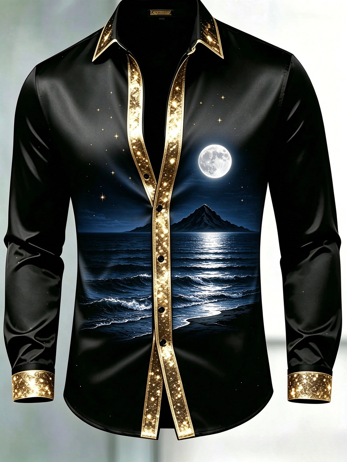 Men's Black & Gold Glitter Trim Moon Ocean Mountain Dress Shirt