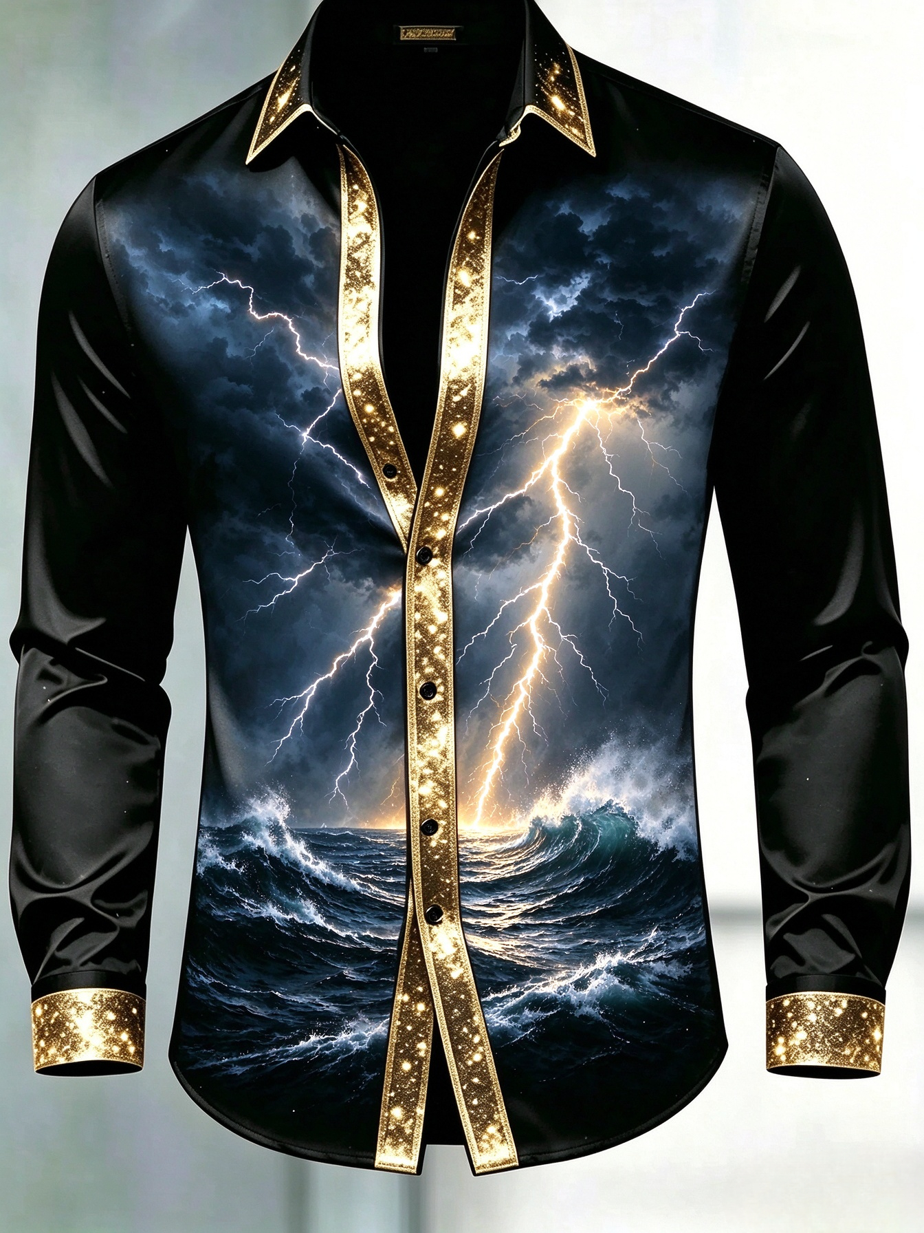 Men's Black & Gold Glitter Trim Lightning Ocean Wave Dress Shirt