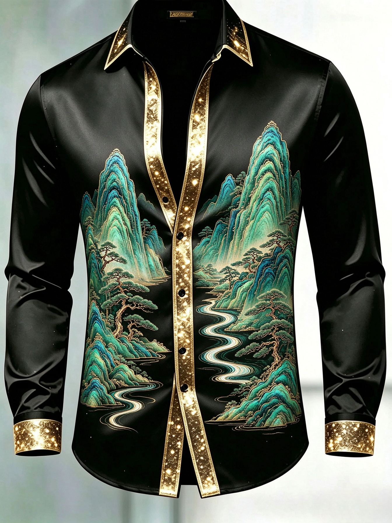 Men's Black Gold Glitter Trim Chinese Green Landscape Dress Shirt