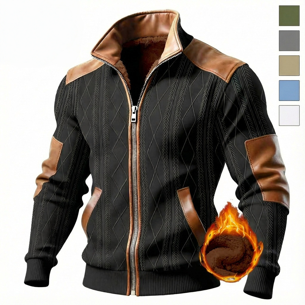 Men's Stand Collar Color Block Textured Fleece Zipper Casual Jacket