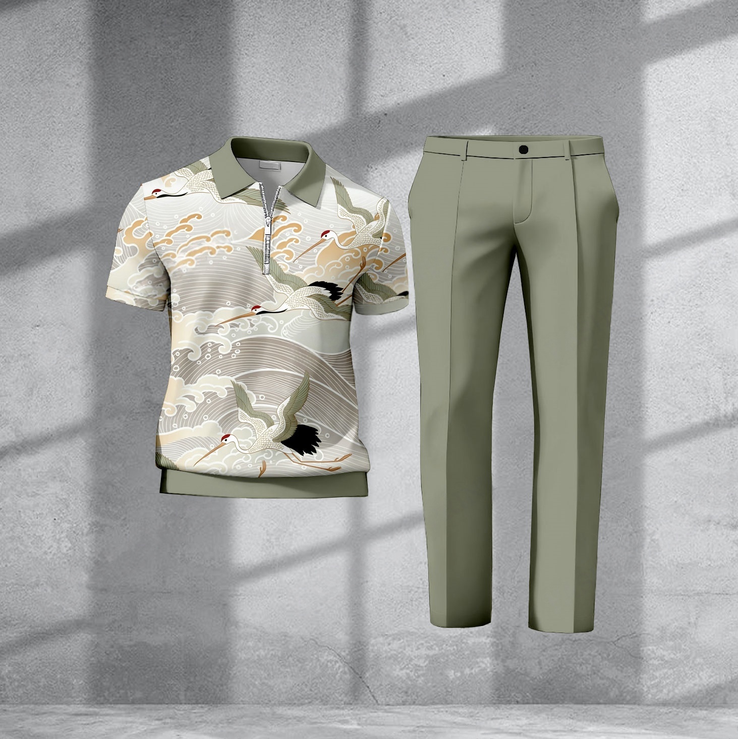 Men's Casual Light Green Crane Printed Polo Short-Sleeve Zip-Up Top And Pants Two-Piece Set