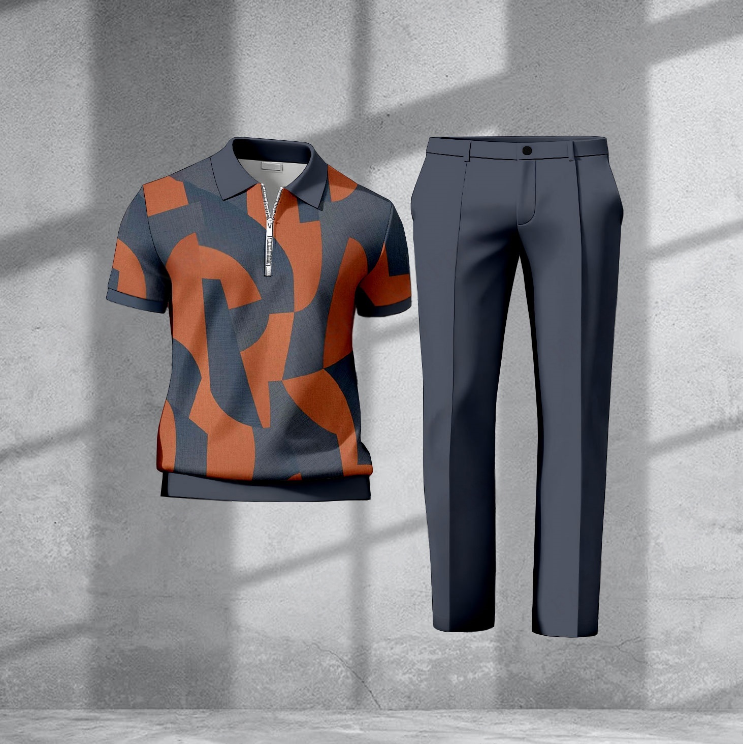 Men's Casual Orange & Black Geometry Printed Polo Short-Sleeve Zip-Up Top And Pants Two-Piece Set
