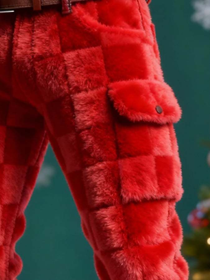 Men's Red Textured Plush Warm Christmas Cargo Pants