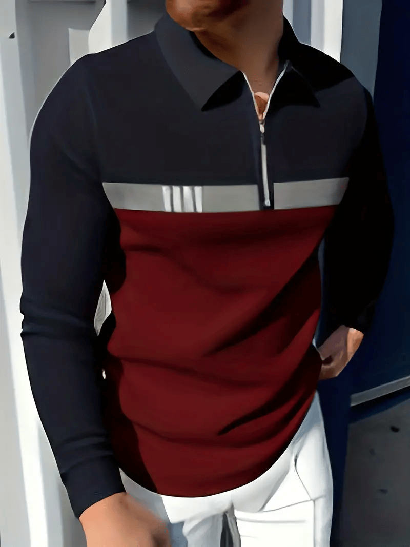 Men's Business Casual Striped Zip-Up Polo Shirt