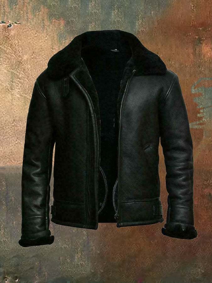 Men's Vintage Casual Lapel Zipper Faux Fur Leather Jacket