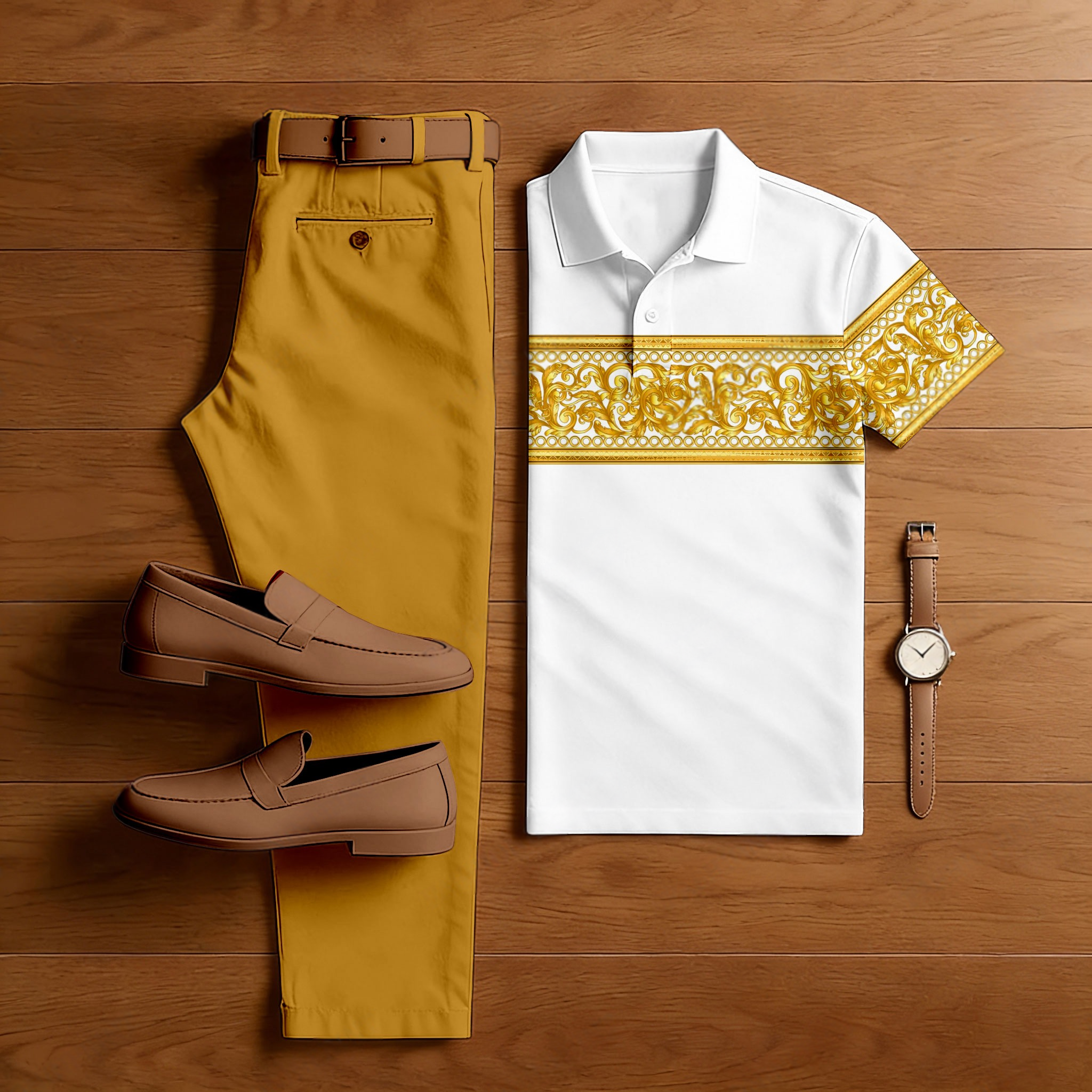 Men's Casual Yellow & White Color Matching Baroque Printed Short Sleeved Polo Shirt & Trousers Two-Piece Set
