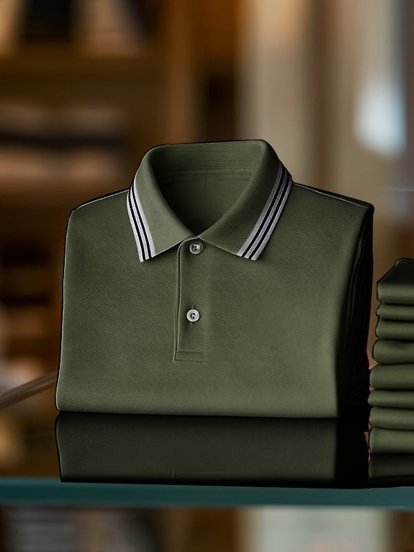 Men's Business Stripe Logo Print Short Sleeve Polo Shirt