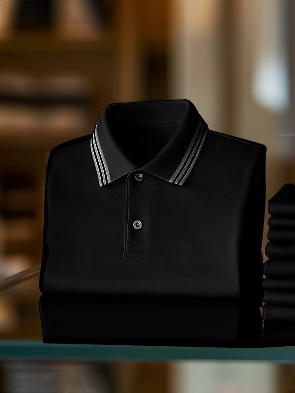 Men's Business Stripe Logo Print Short Sleeve Polo Shirt