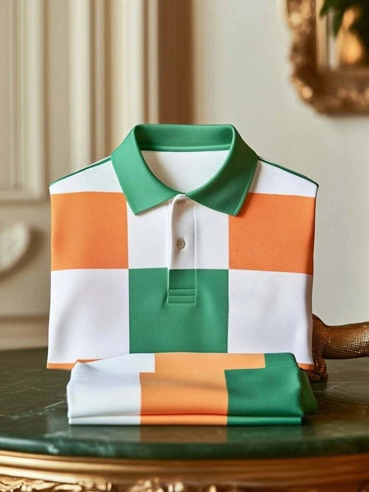 Men's Classic Business Check Logo Button Short Sleeve Polo Shirt