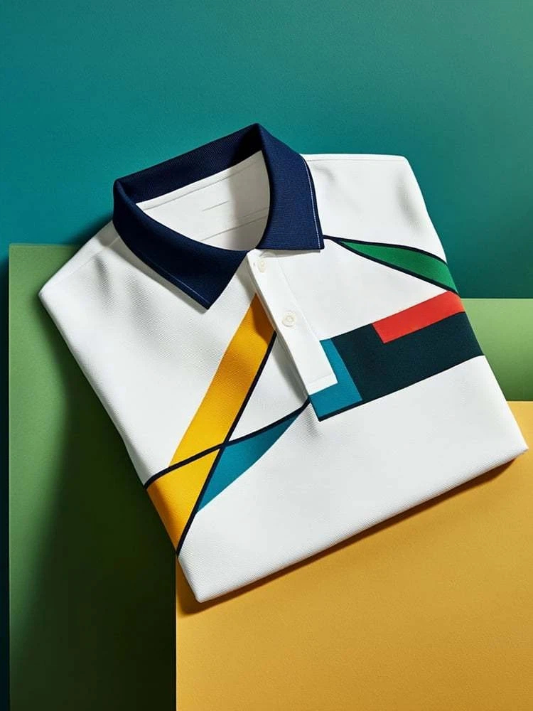 Men's Classic Business Check Logo Button Short Sleeve Polo Shirt