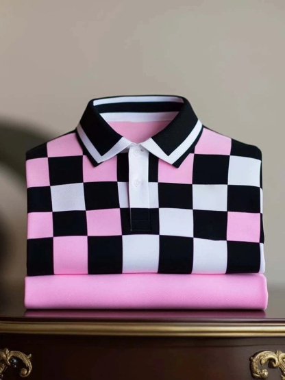 Men's Classic Business Check Logo Button Short Sleeve Polo Shirt