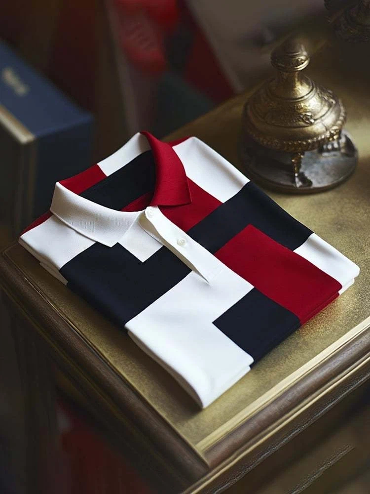 Men's Classic Business Check Logo Button Short Sleeve Polo Shirt