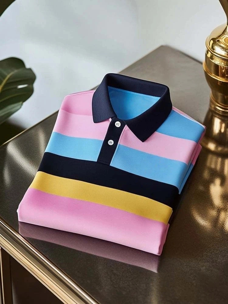 Men's Classic Business Check Logo Button Short Sleeve Polo Shirt