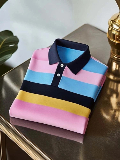 Men's Classic Business Check Logo Button Short Sleeve Polo Shirt