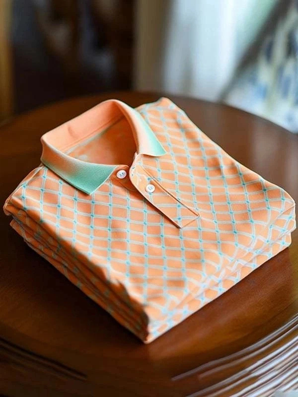 Men's Business Classic Diamond Twill Logo Button Short Sleeve Polo Shi