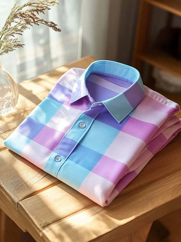 Men's Business Plaid Logo Lapel Short Sleeve Shirt