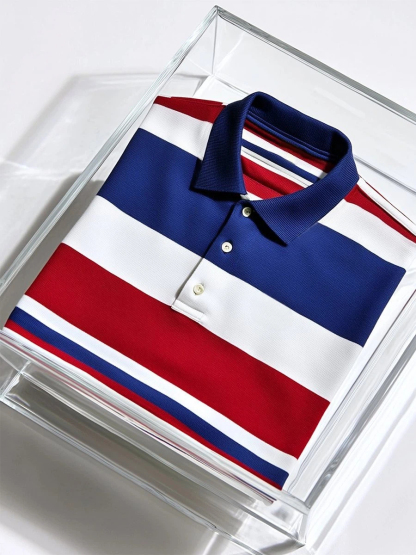 Men's Business Casual Striped Button Short Sleeve Polo Shirt