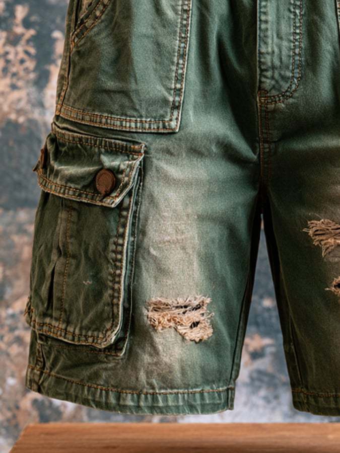 Men's Retro Outdoor Multi-Pocket 100% Cotton Washed Cargo Shorts