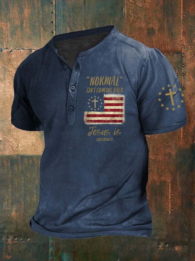 Men's Normal Isn't Coming Back Jesus Is Revelation 14 American Flag Cross Print Polo Shirt