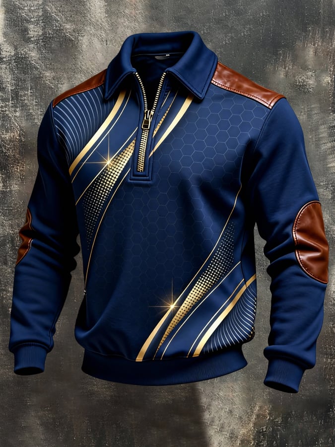 Men's Retro Color Block Print Color-Blocked Zip-Up Sweatshirt